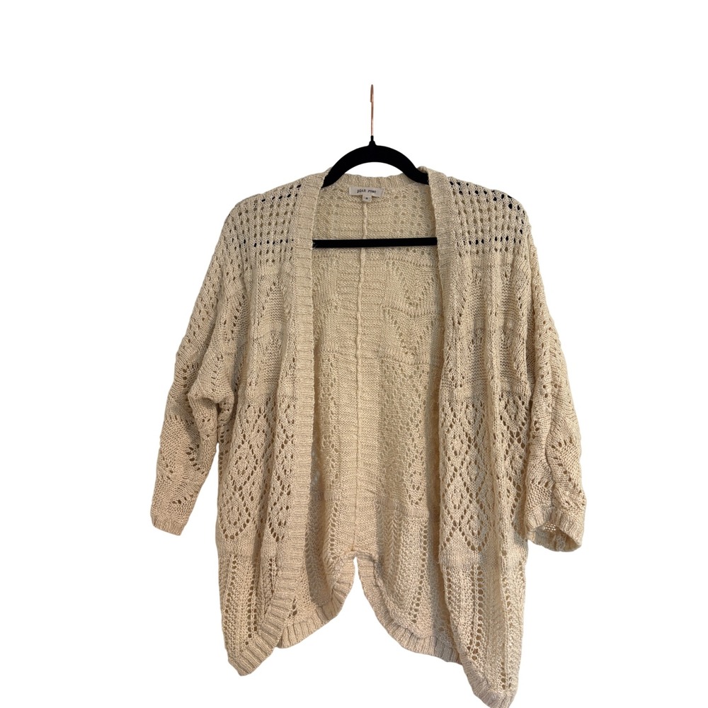 Pink Rose Cream Pointelle Knit Open Front Cardigan Sweater Medium Boho Ivory